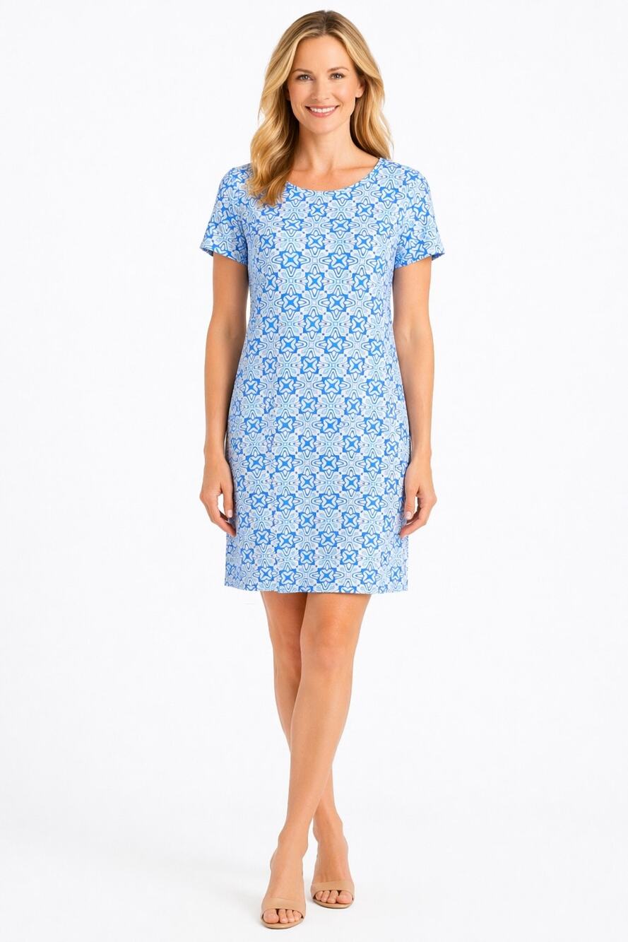 Jude Connally Dress Womens Medium Blue Geometric Print Stretch Shift Sundress